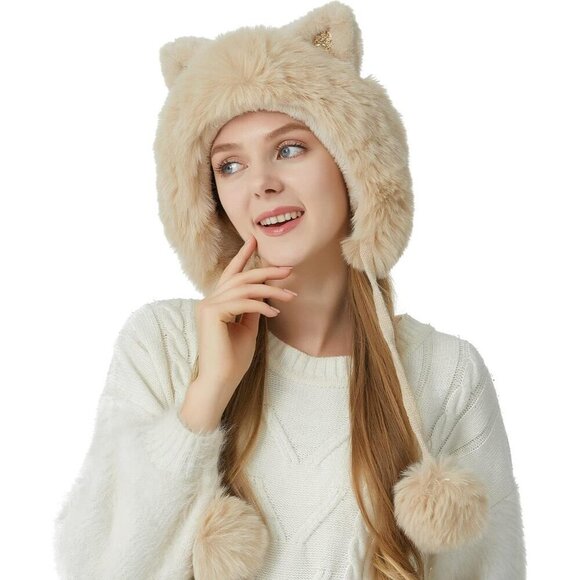 Women Beige Solid Winter Peruvian Cover Ears Beanie Hat Ear Flaps Sherp Ski Snow